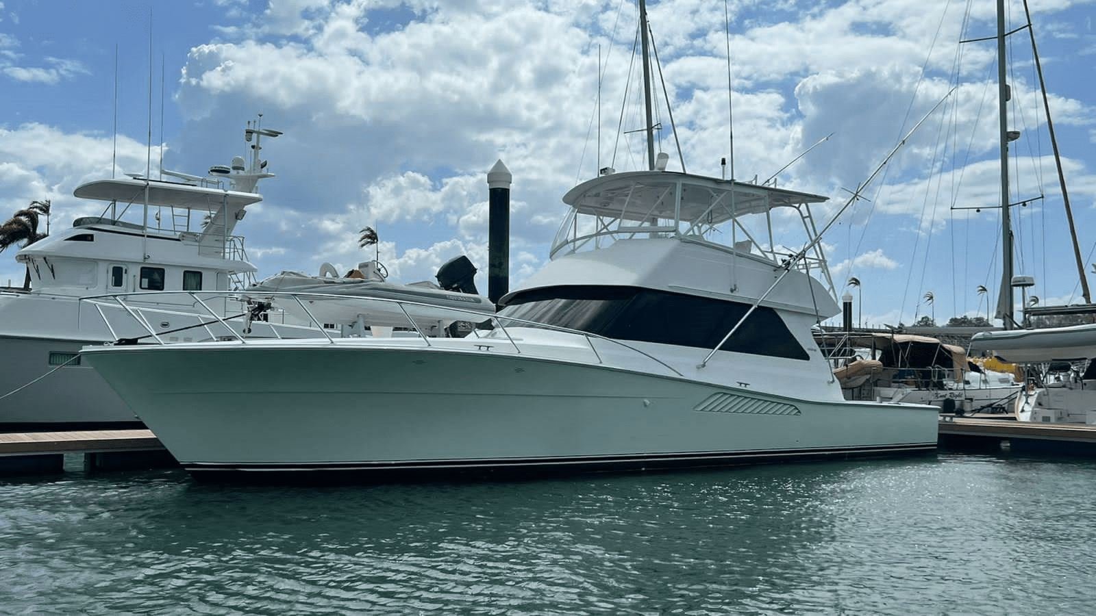 Sport fishing yacht docked at a marina